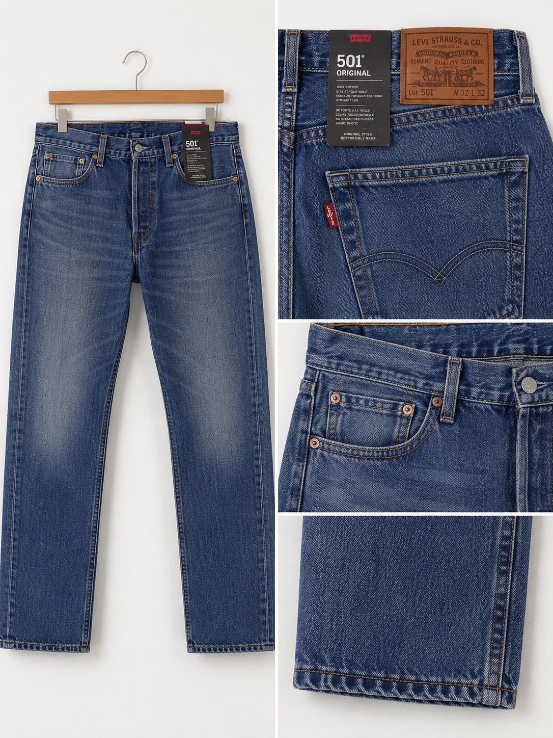 Levi's 501 Men's Straight Fit Regular Mid Blue Jeans 100% Cotton